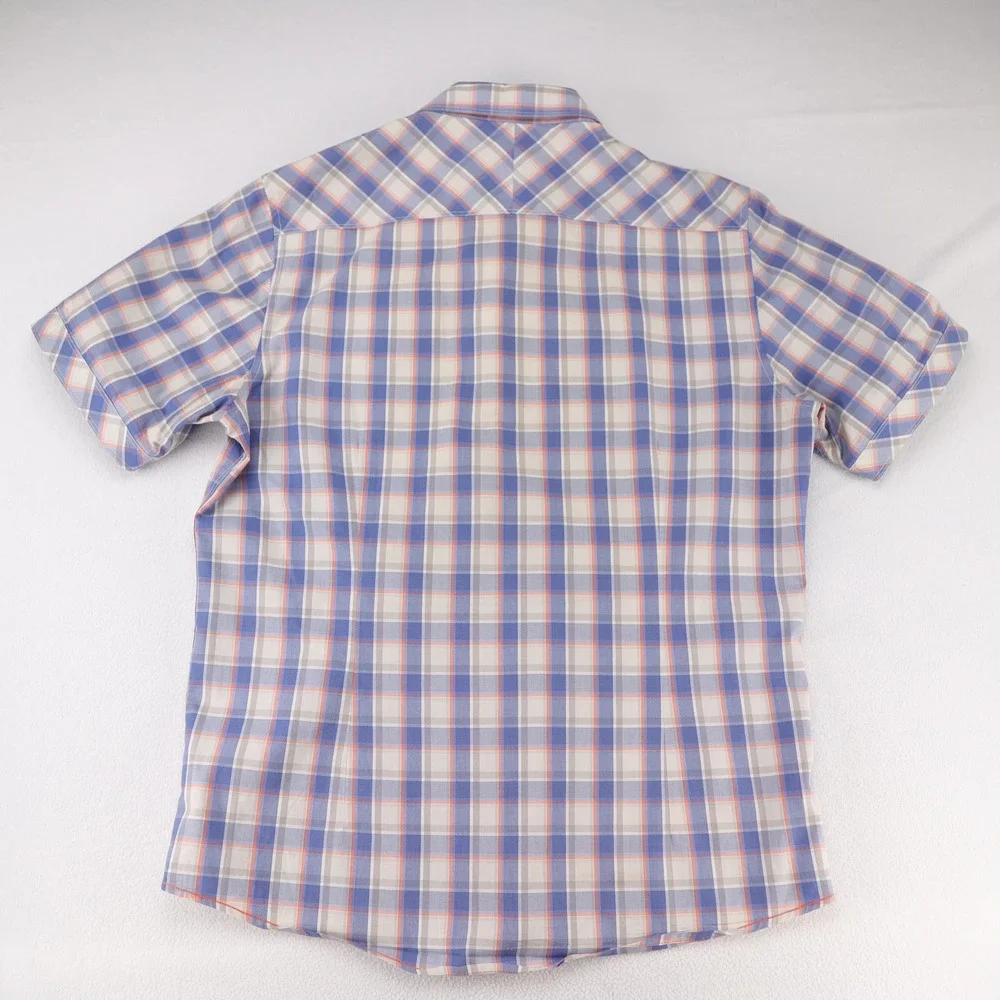 7 Diamonds Mens Large Blue Orange Plaid Pearl Snap Short‎ Sleeve Button Up Shirt
